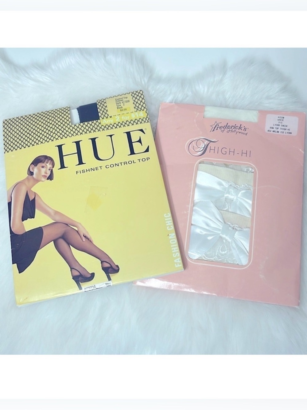 Vintage Frederick’s of Hollywood White Thigh Highs + HUE Black Fishnet Tights